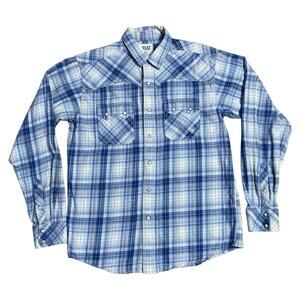 Ariat Shirt Mens M Blue Plaid Retro Fit Pearl Snap Pocket Western Cowboy